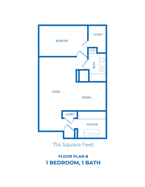 Floor plan for 1 bed, 1 bath, 714 sqft